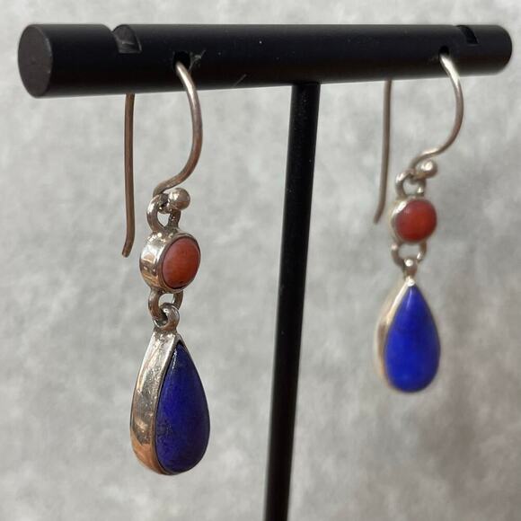 Vintage Acleoni sterling silver lapis drop earrings dangle - Picture 2 of 5